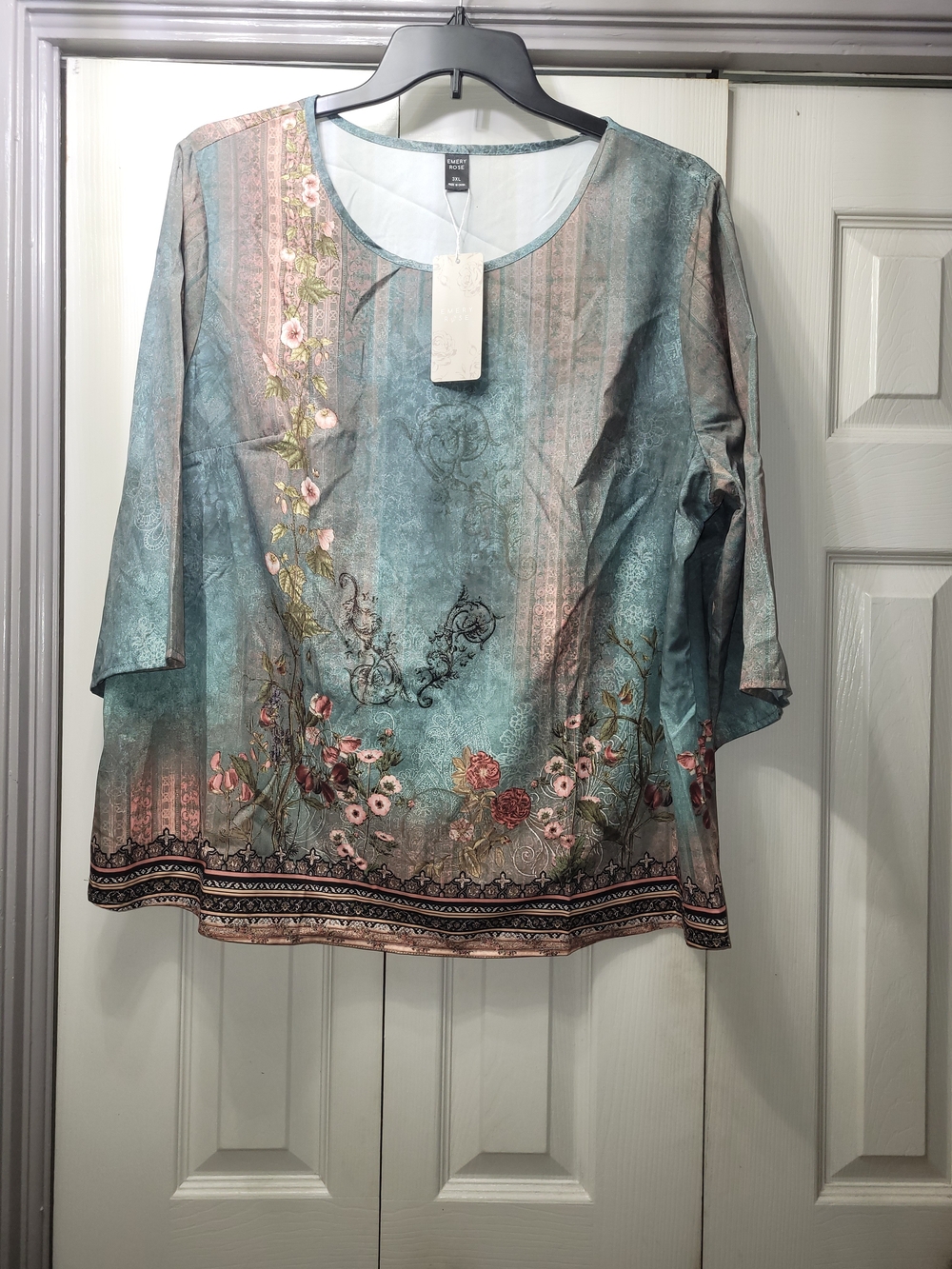 Floral Scoop Neck Blouse in Teal and Pink